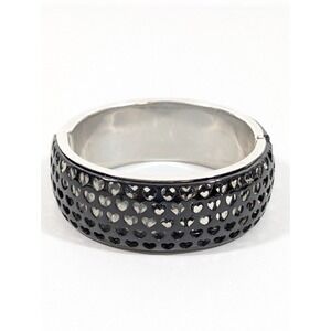 Edgy Black Heart Openwork Silver Tone Chunky‎ Hinge Bangle Bracelet 7.5"